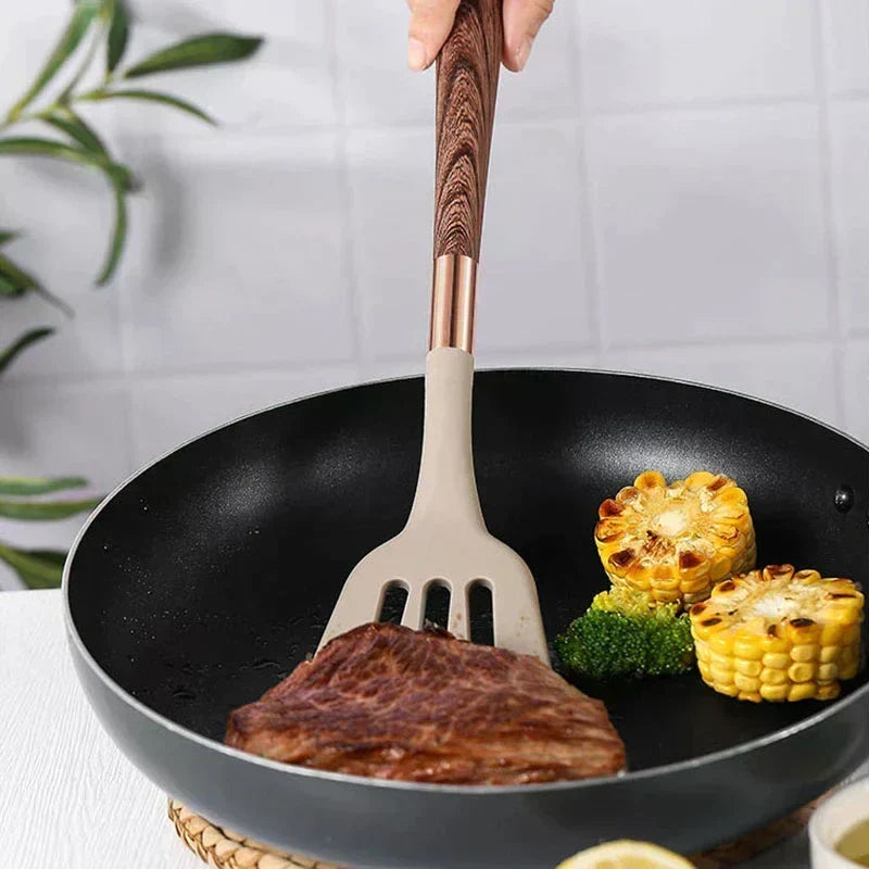Set de utensilios de cocina de silicona apta para alimentos y mango de madera, resistente al calor