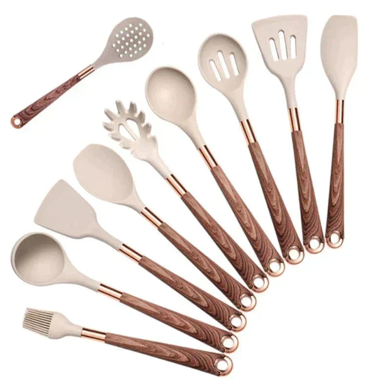 Set de utensilios de cocina de silicona apta para alimentos y mango de madera, resistente al calor