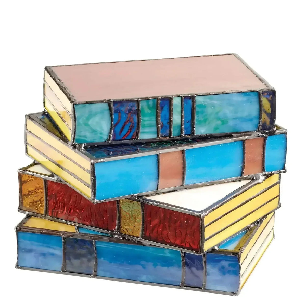 Lámpara de mesa artesanal de vidrio emplomado con silueta de libros apilados