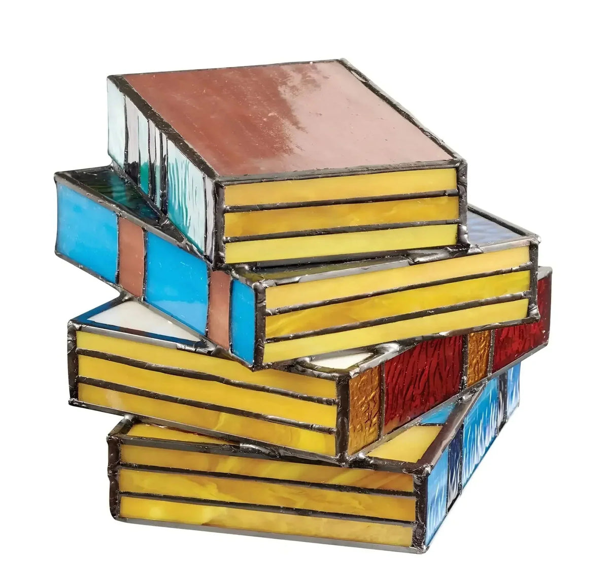 Lámpara de mesa artesanal de vidrio emplomado con silueta de libros apilados