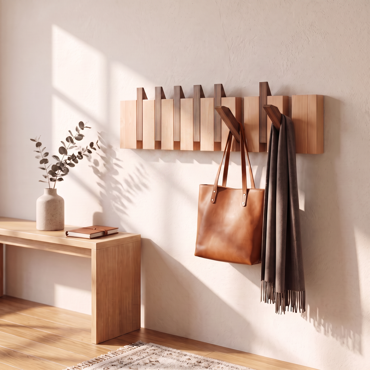 Perchero de pared plegable con ganchos y veta de madera en paneles
