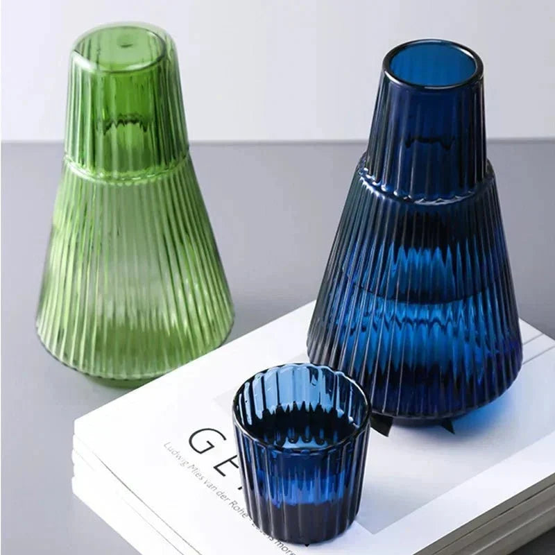 Juego de jarra de agua de vidrio de borosilicato plisado con vasos apilables