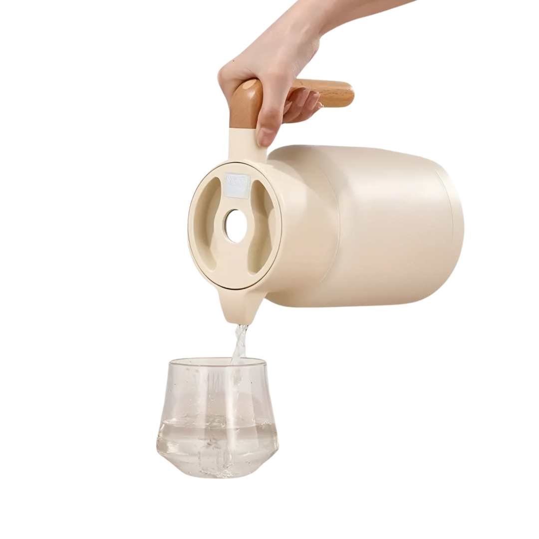 Jarra térmica aislante de acero inoxidable de doble pared con asa de madera