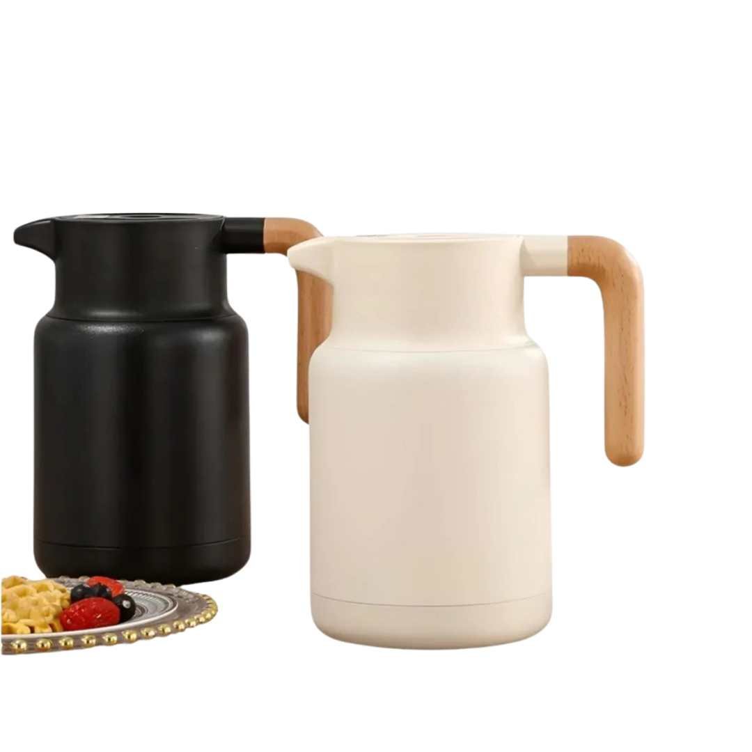 Jarra térmica aislante de acero inoxidable de doble pared con asa de madera