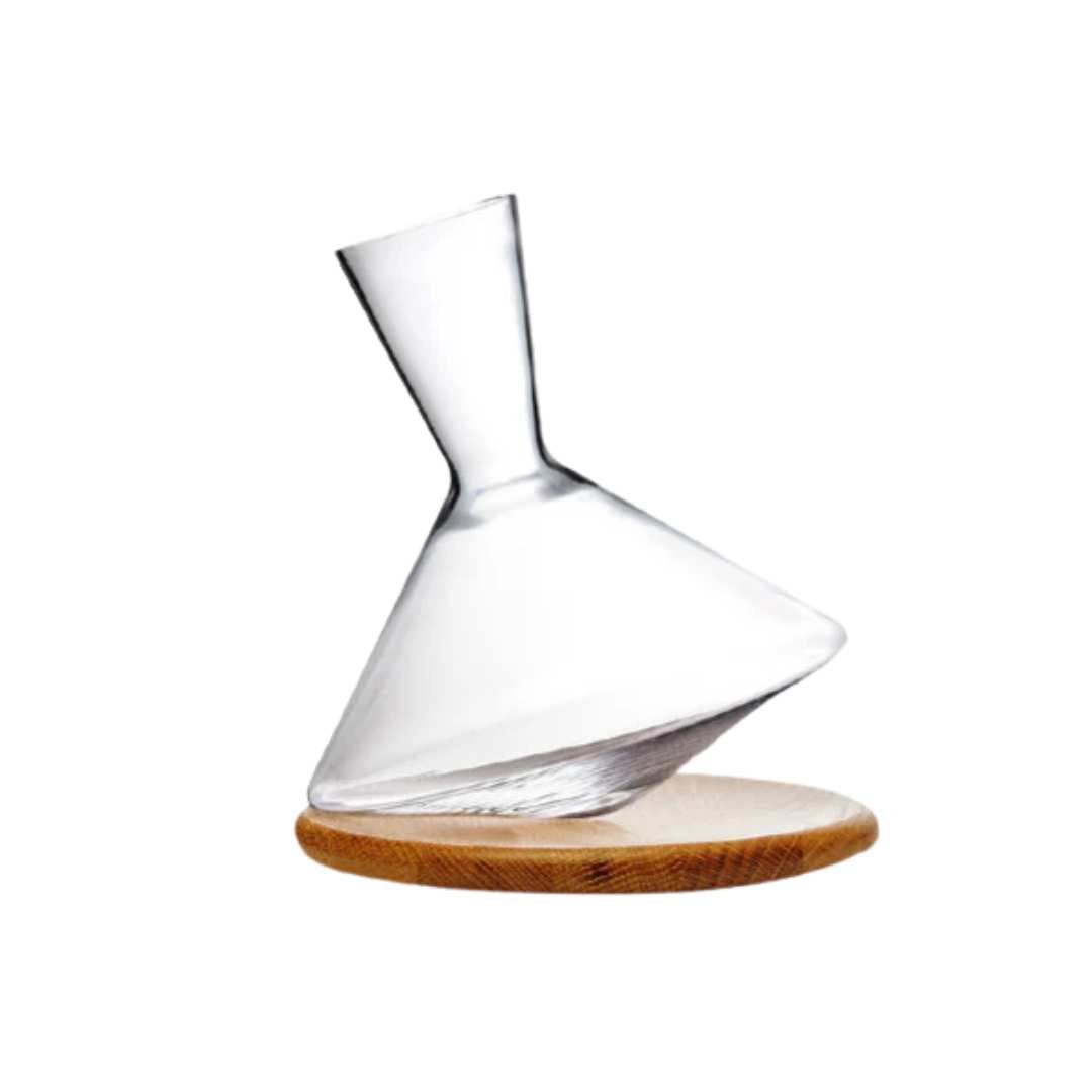 Decantador de vino de vidrio angular giratorio con base de madera