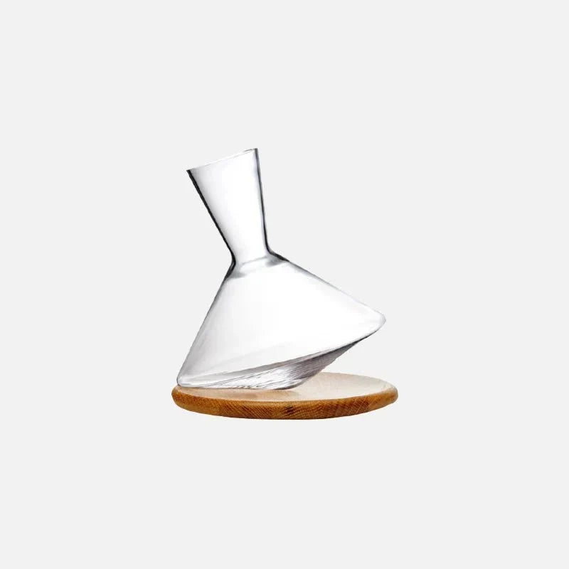 Decantador de vino de vidrio angular giratorio con base de madera