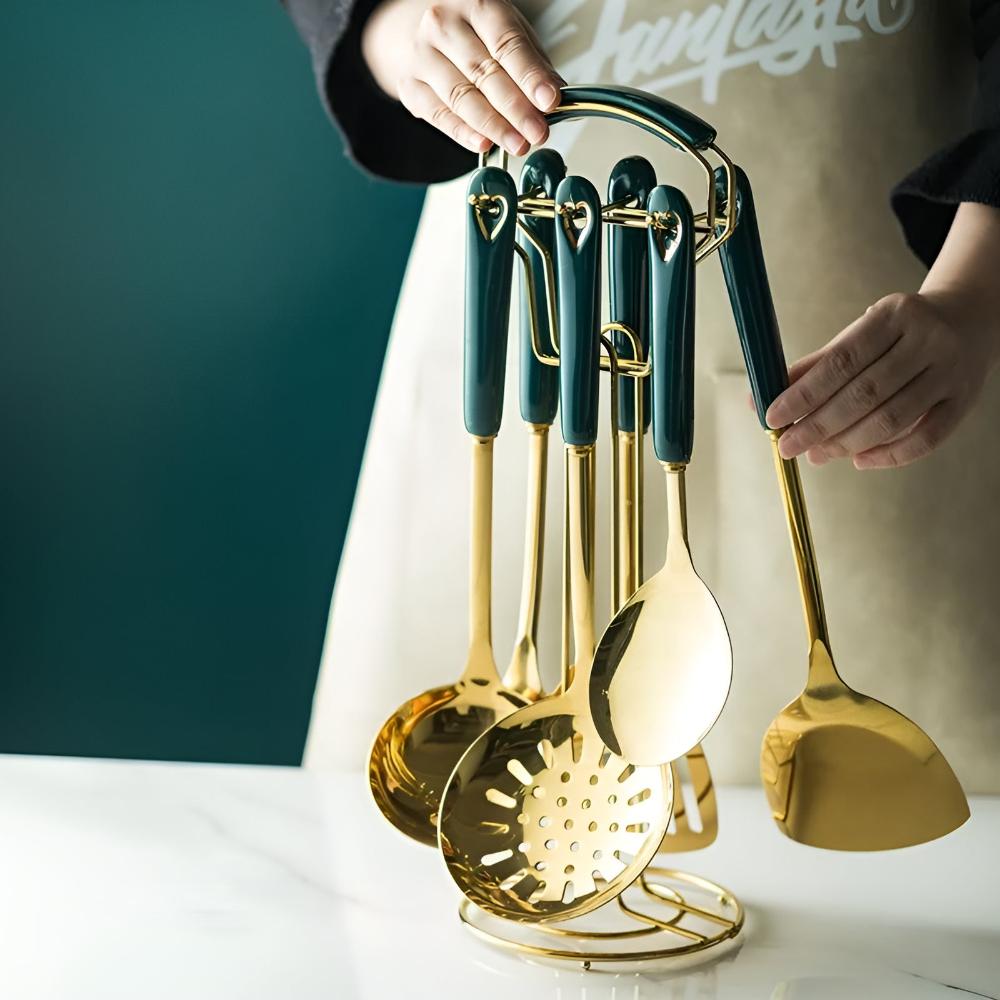 Juego ergonómico de cubiertos de cocina de acero inoxidable con soporte de almacenamiento