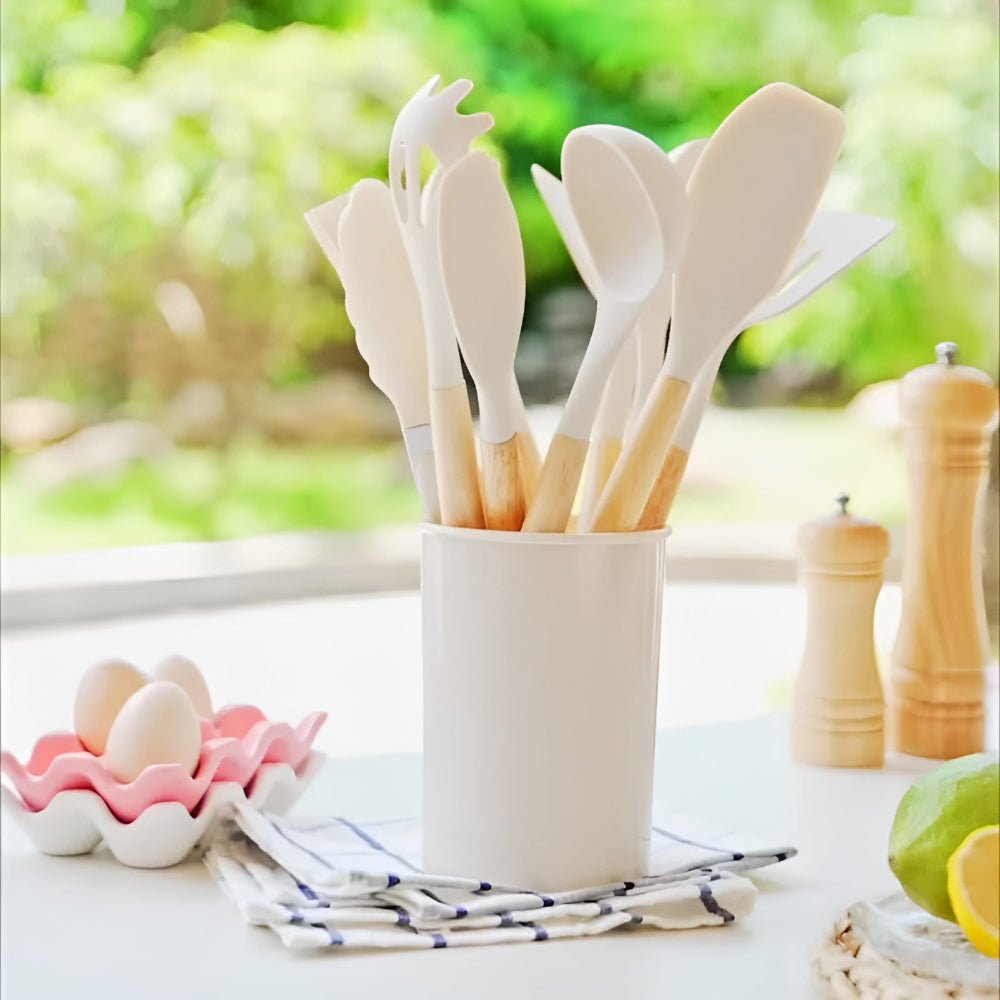 Juego de utensilios de cocina y cubiertos de silicona con mango de bambú resistente al calor