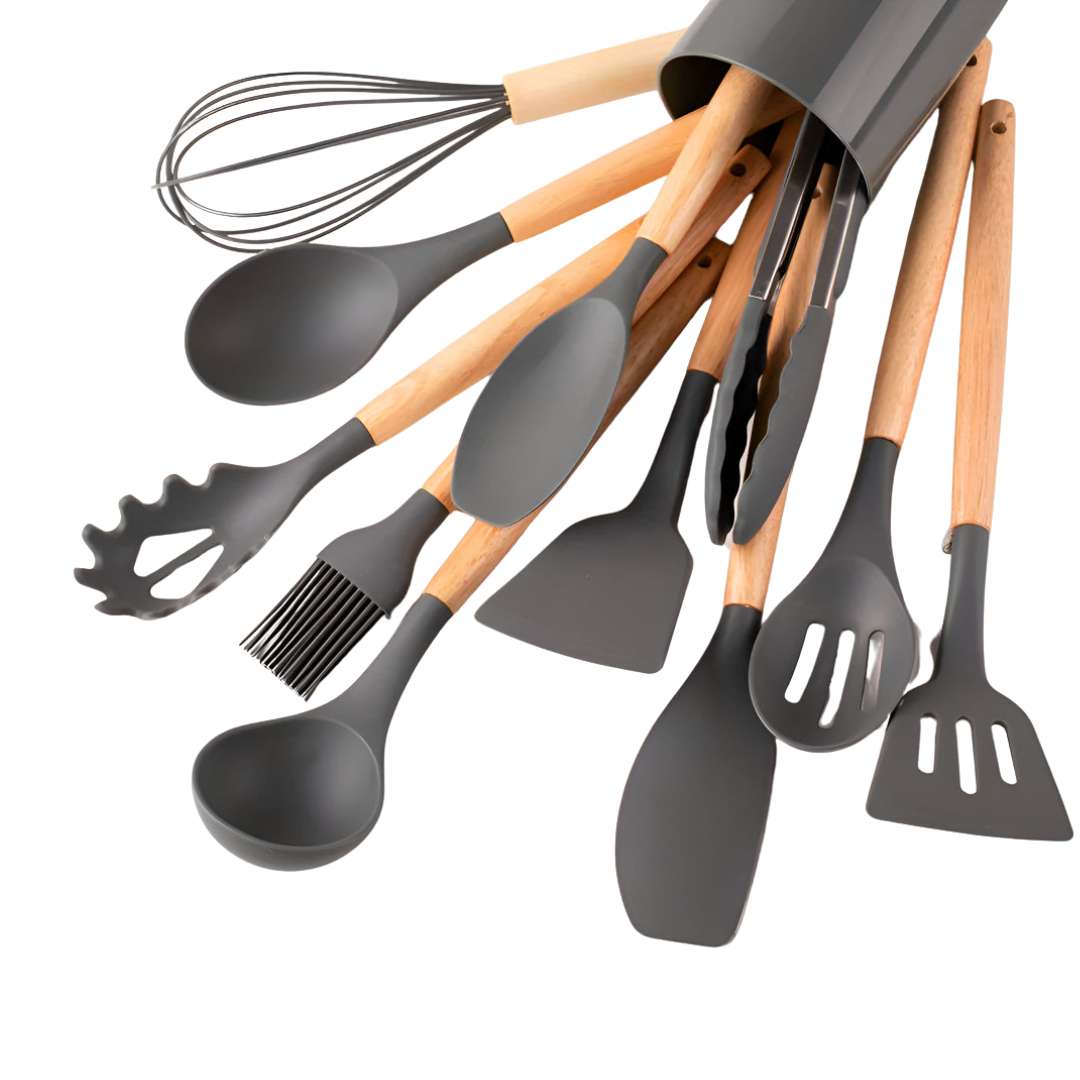 Juego de utensilios de cocina y cubiertos de silicona con mango de bambú resistente al calor