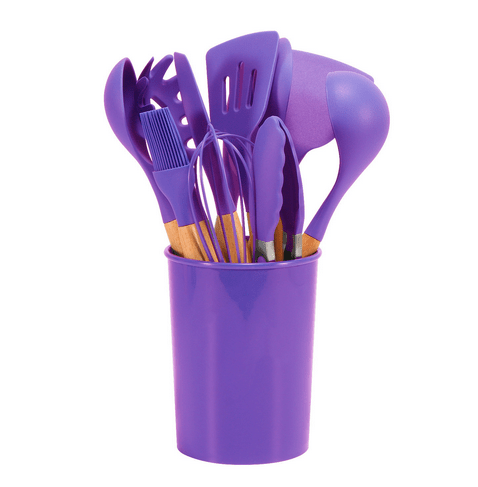 Juego de utensilios de cocina y cubiertos de silicona con mango de bambú resistente al calor