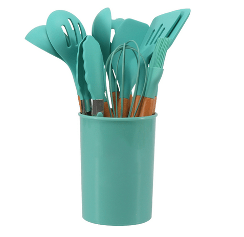 Juego de utensilios de cocina y cubiertos de silicona con mango de bambú resistente al calor