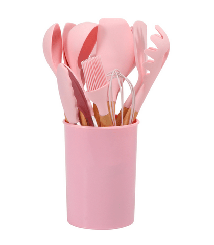 Juego de utensilios de cocina y cubiertos de silicona con mango de bambú resistente al calor