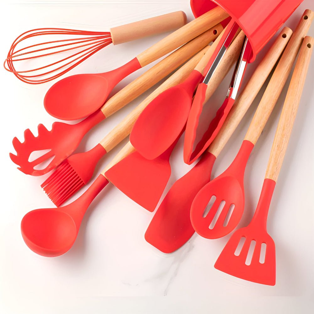 Juego de utensilios de cocina y cubiertos de silicona con mango de bambú resistente al calor