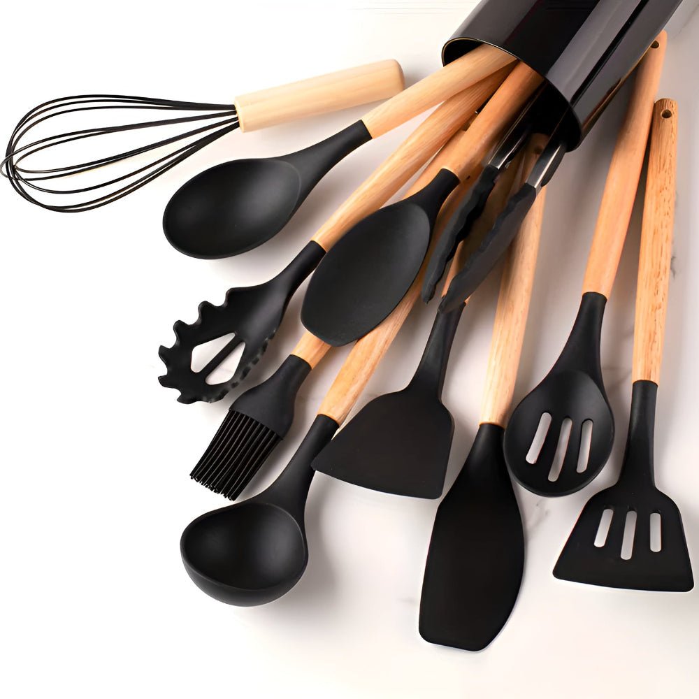 Juego de utensilios de cocina y cubiertos de silicona con mango de bambú resistente al calor