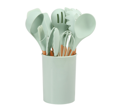 Juego de utensilios de cocina y cubiertos de silicona con mango de bambú resistente al calor