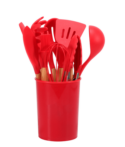 Juego de utensilios de cocina y cubiertos de silicona con mango de bambú resistente al calor