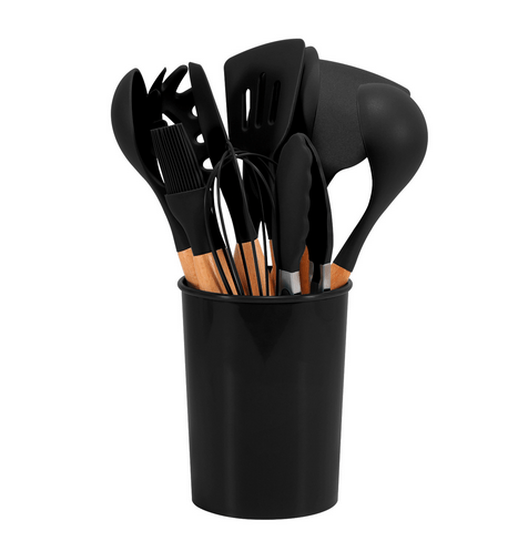 Juego de utensilios de cocina y cubiertos de silicona con mango de bambú resistente al calor