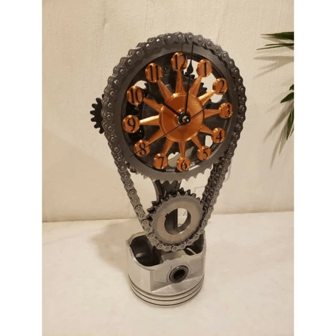 Reloj de pared silencioso industrial de metal y vidrio con mecanismo de engranajes expuesto