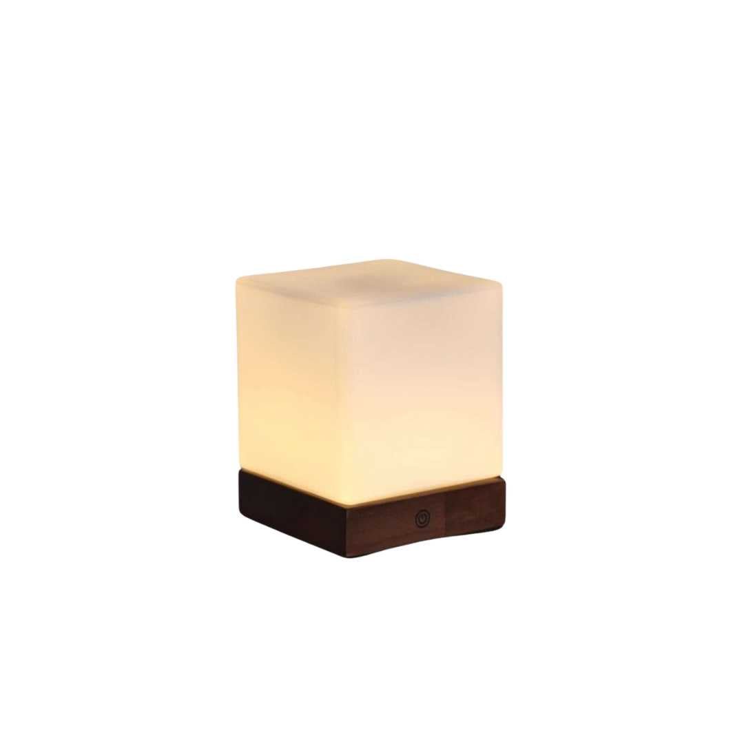 Lámpara de mesa minimalista cúbica de madera y vidrio esmerilado