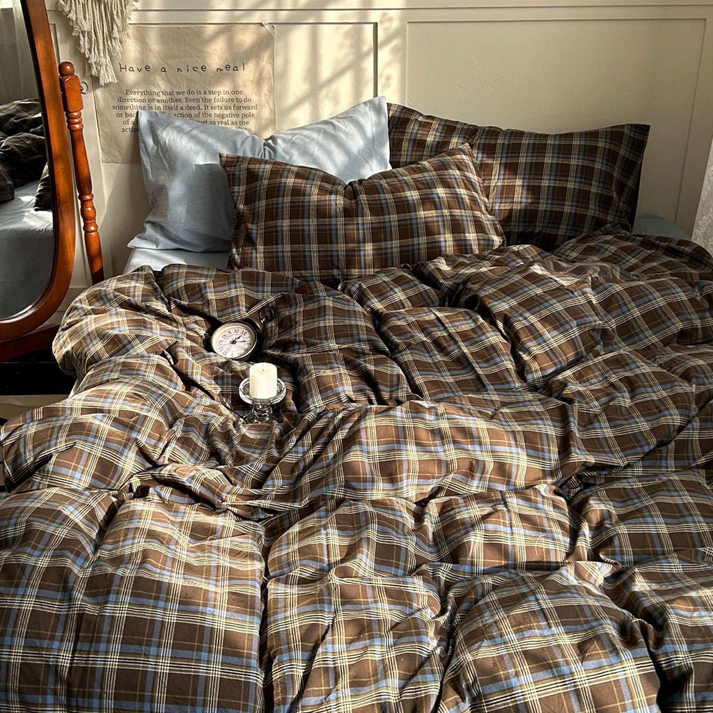 Juego de ropa de cama con funda nórdica de algodón a cuadros vintage de estilo rústico