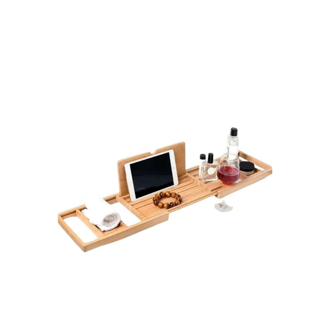 Bandeja organizadora ajustable y extensible de bambú natural para bañera, con soporte para libros y tabletas