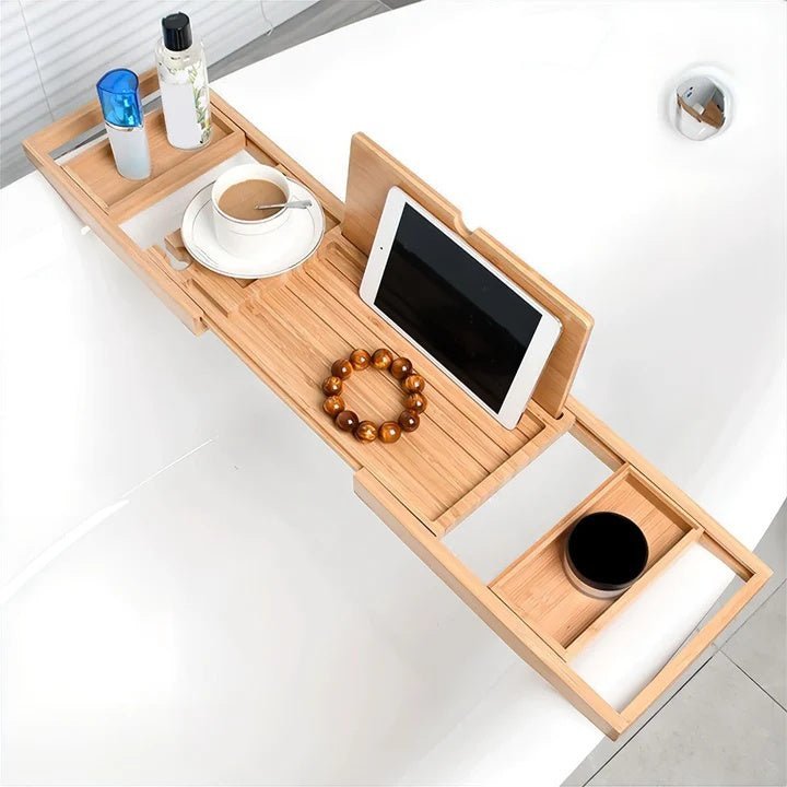 Bandeja organizadora ajustable y extensible de bambú natural para bañera, con soporte para libros y tabletas