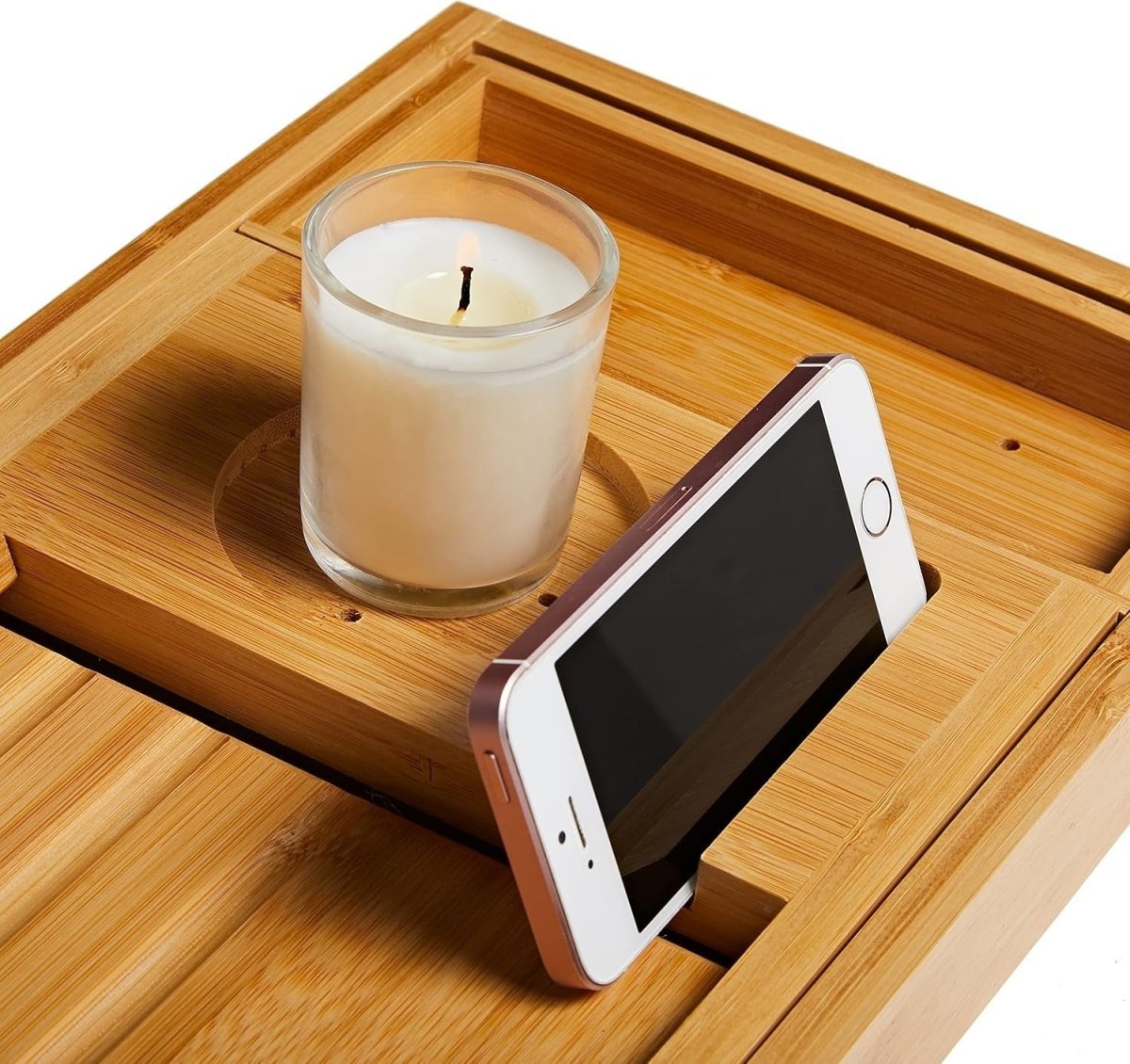 Bandeja organizadora ajustable y extensible de bambú natural para bañera, con soporte para libros y tabletas