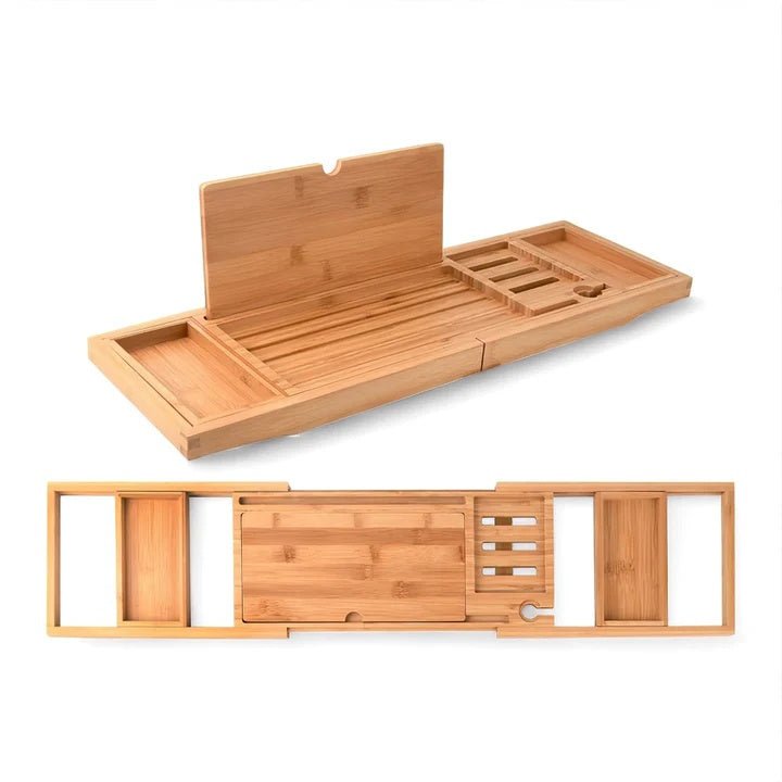 Bandeja organizadora ajustable y extensible de bambú natural para bañera, con soporte para libros y tabletas