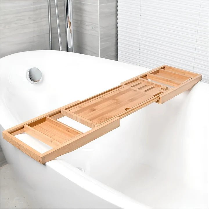 Bandeja organizadora ajustable y extensible de bambú natural para bañera, con soporte para libros y tabletas
