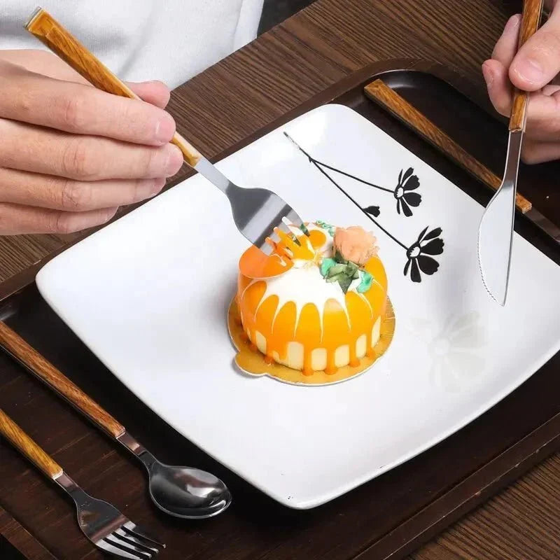 Juego de cubiertos de cocina de acero inoxidable con asa de madera de olmo