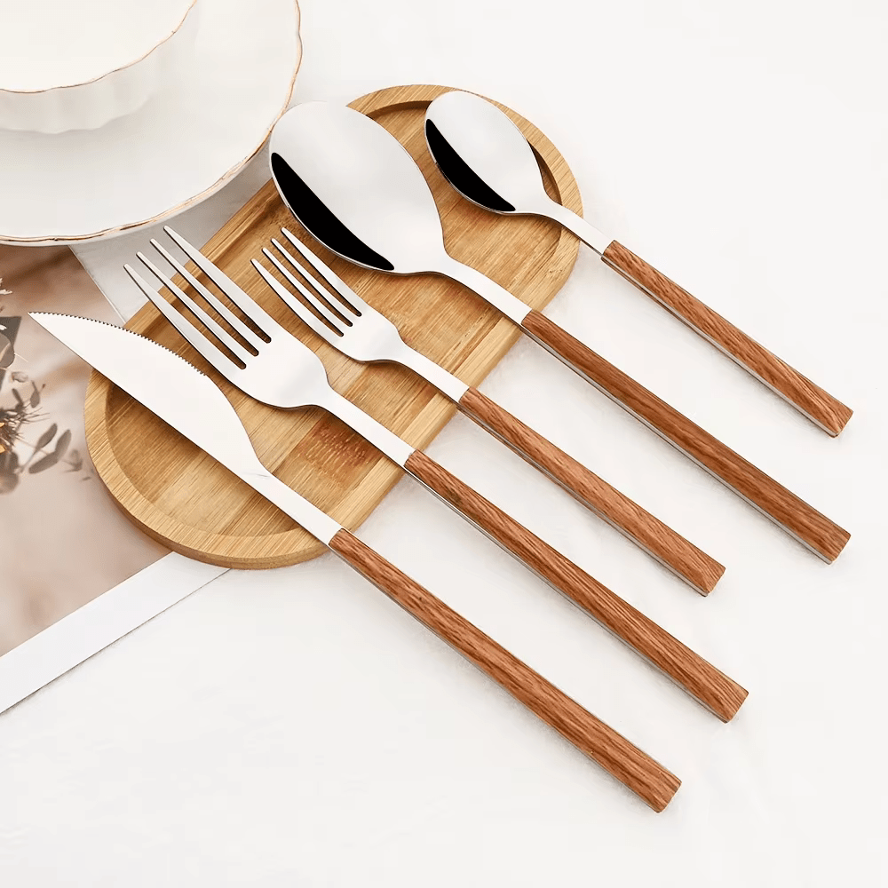 Juego de cubiertos de cocina de acero inoxidable con asa de madera de olmo