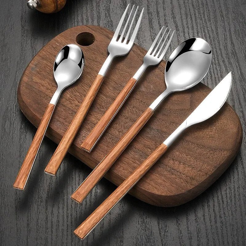 Juego de cubiertos de cocina de acero inoxidable con asa de madera de olmo