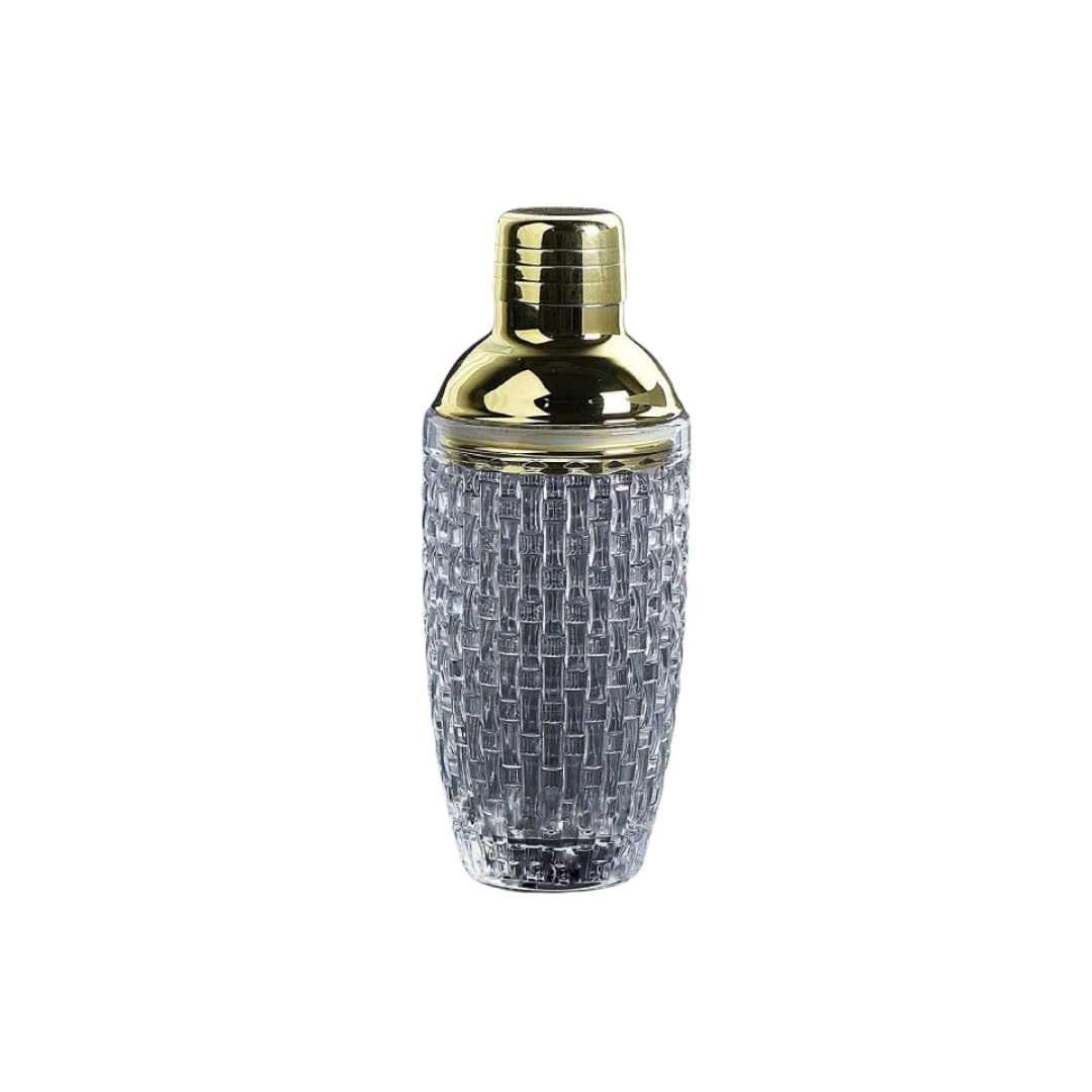 Coctelera de vidrio transparente y acero inoxidable con detalles dorados
