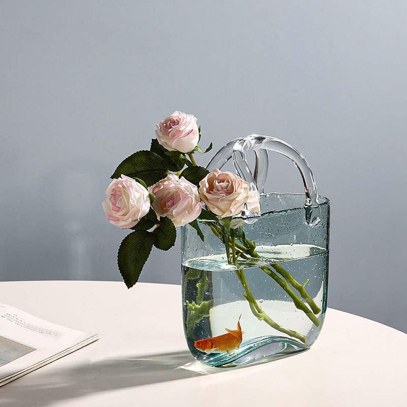 Jarrón decorativo de flores de vidrio transparente con silueta escultórica de bolso
