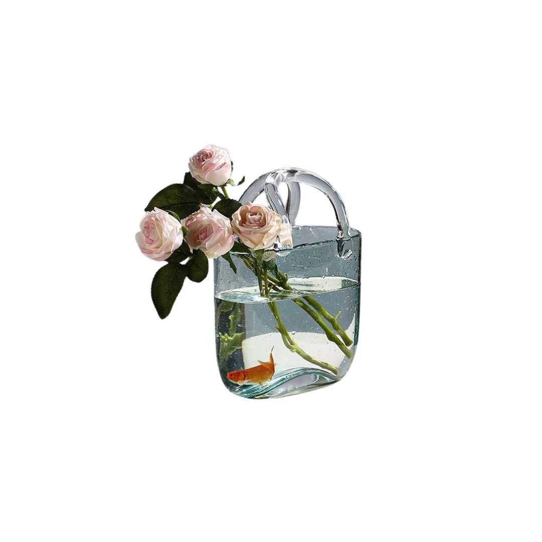Jarrón decorativo de flores de vidrio transparente con silueta escultórica de bolso