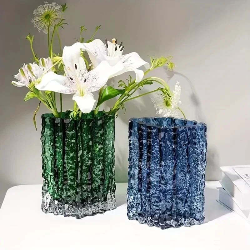 Jarrón decorativo de vidrio esmerilado con textura y efecto de hielo esculpido