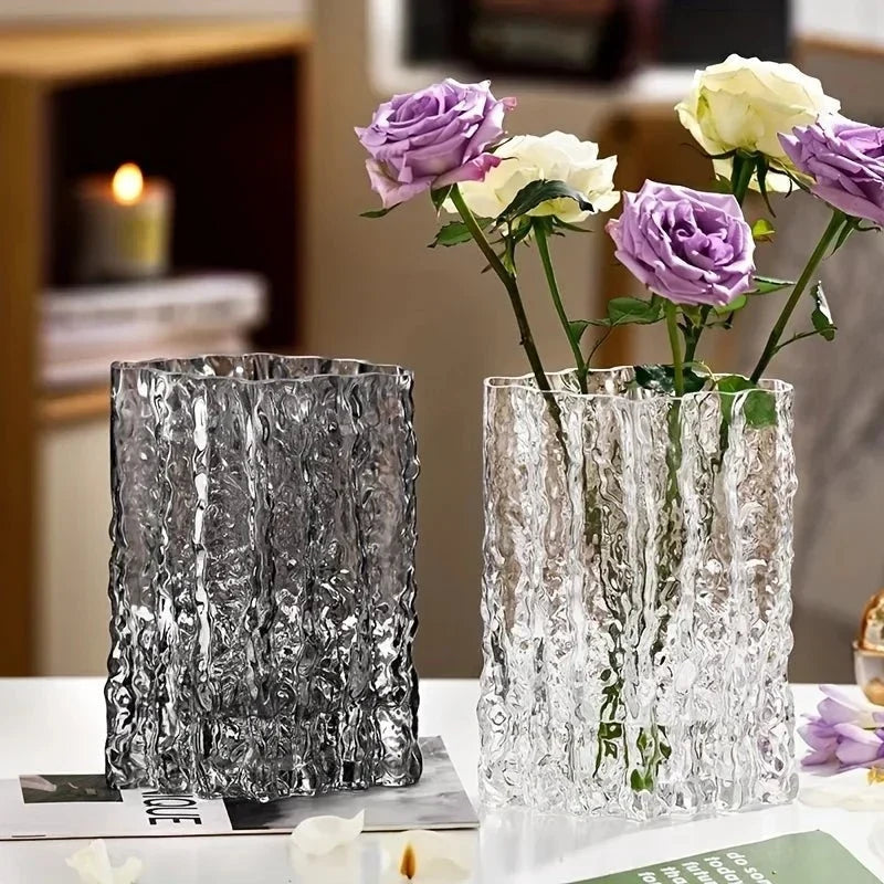 Jarrón decorativo de vidrio esmerilado con textura y efecto de hielo esculpido