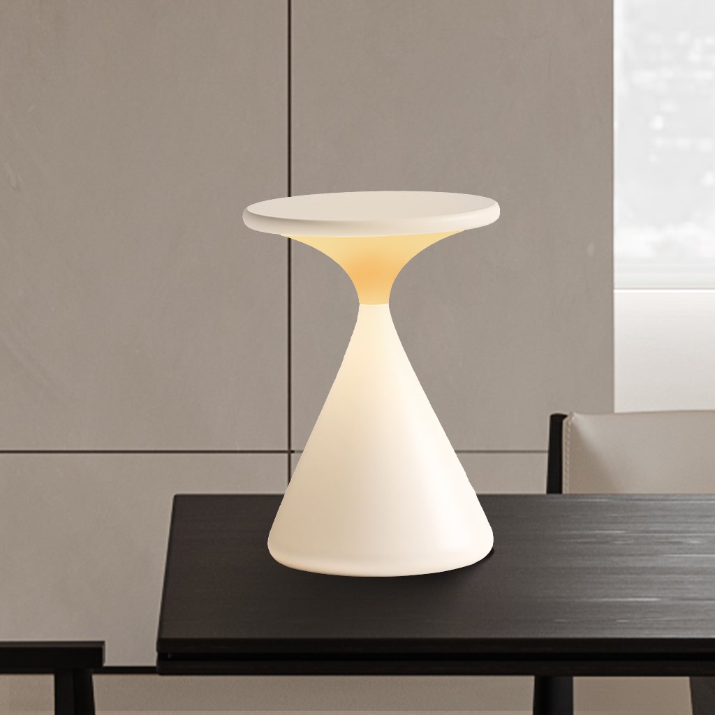Lámpara de mesa minimalista inalámbrica recargable y regulable con diseño escultórico de reloj de arena