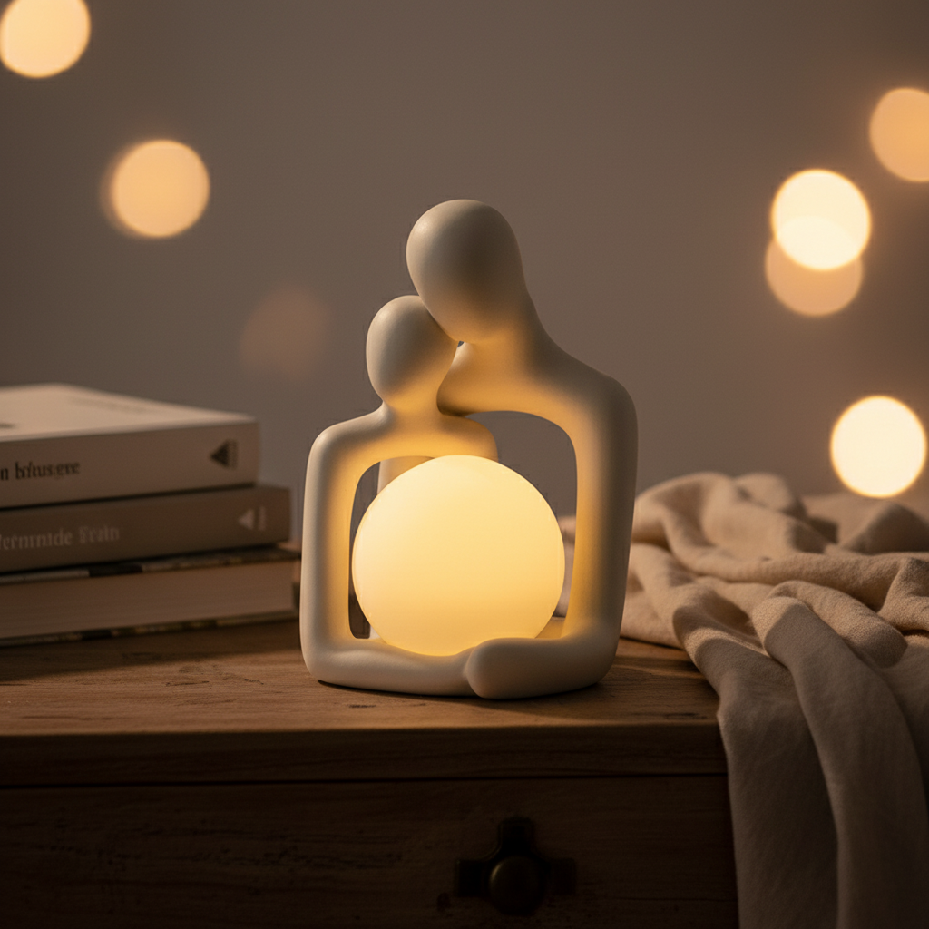 Lámpara de mesa escultórica de cerámica mate con forma esférica y luz indirecta