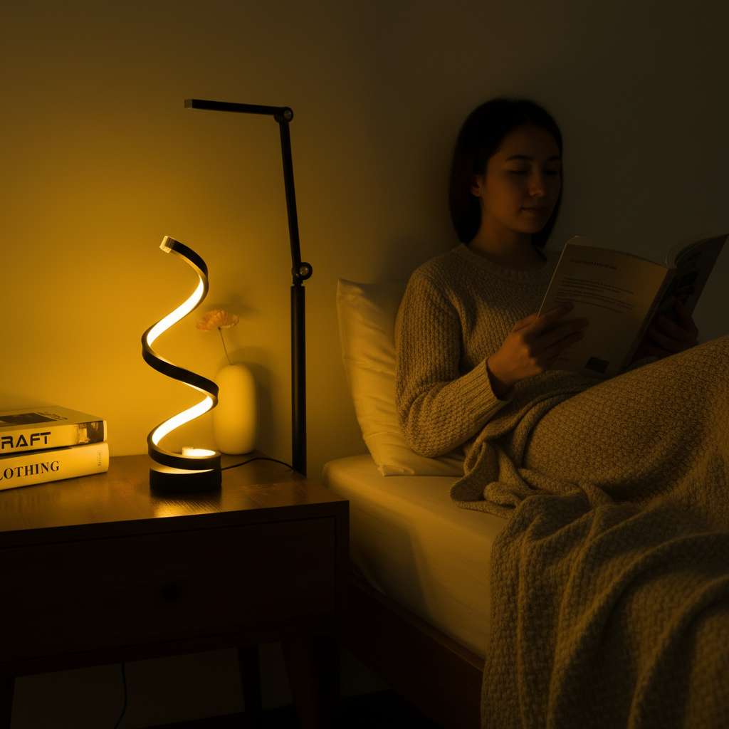 Lámpara de escritorio escultórica con pinza ajustable y diseño en espiral