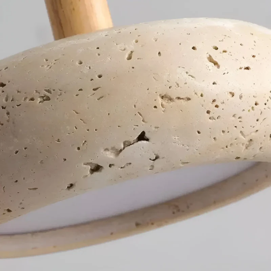Lámpara colgante japonesa de piedra y madera con halo cósmico y ajuste regulable