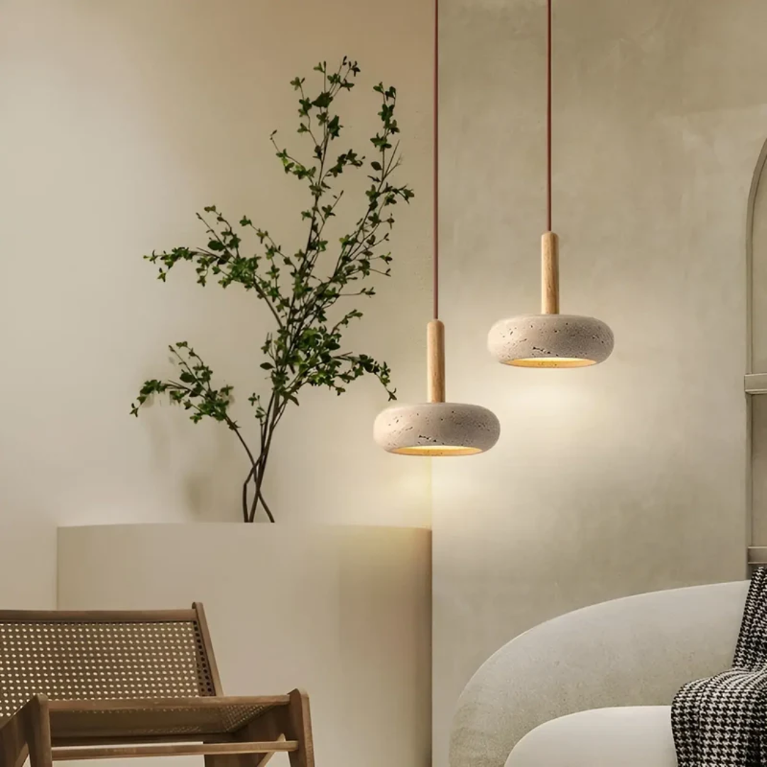 Lámpara colgante japonesa de piedra y madera con halo cósmico y ajuste regulable