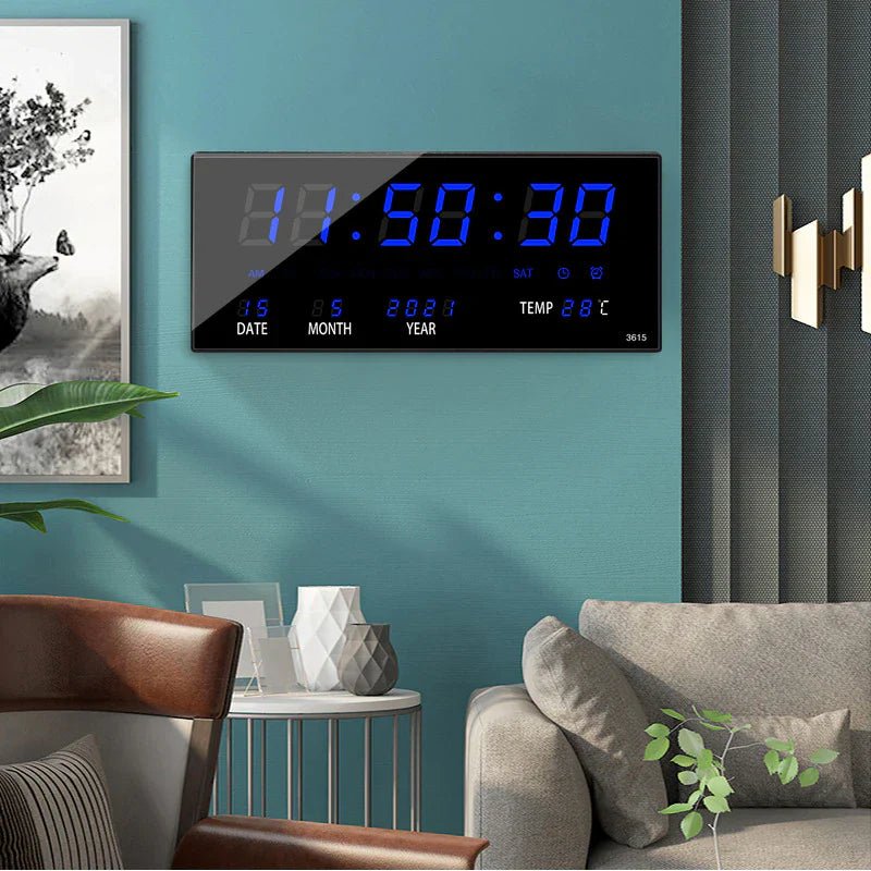 Reloj de pared digital multifuncional de vidrio espejado e iluminado con alarma