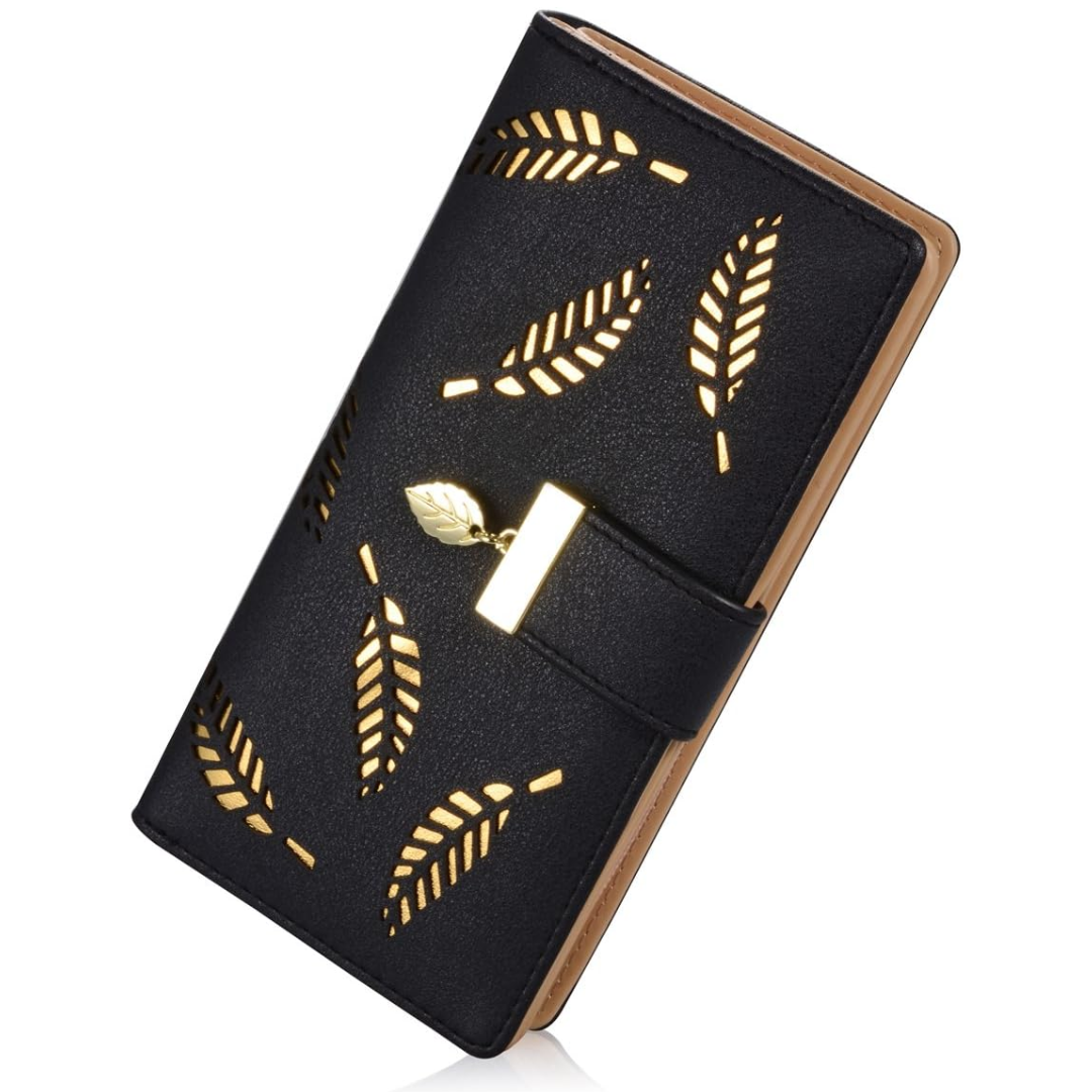 Cartera compacta de cuero, delgada y alargada, con patrón de hojas y bolsillo con cremallera