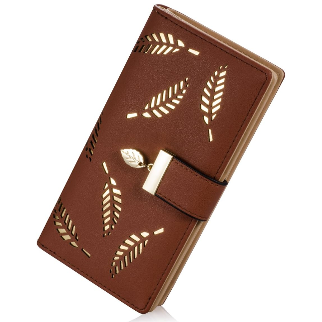 Cartera compacta de cuero, delgada y alargada, con patrón de hojas y bolsillo con cremallera
