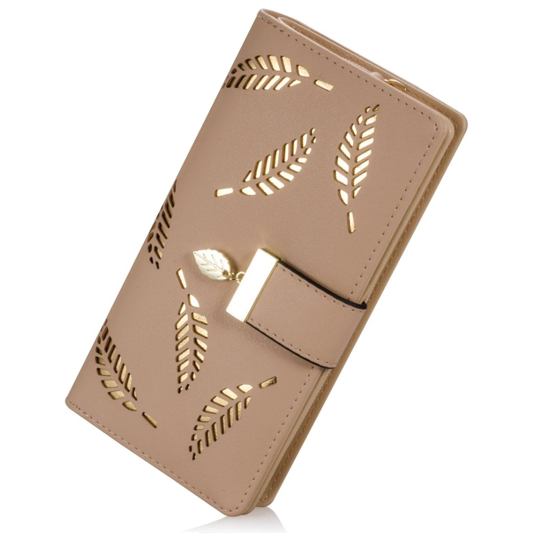 Cartera compacta de cuero, delgada y alargada, con patrón de hojas y bolsillo con cremallera