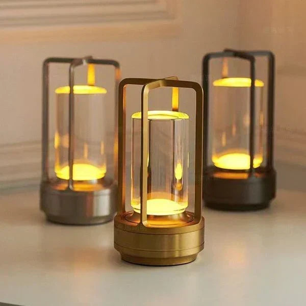 Lámpara de mesa de vidrio de cristal facetado, táctil, regulable y recargable