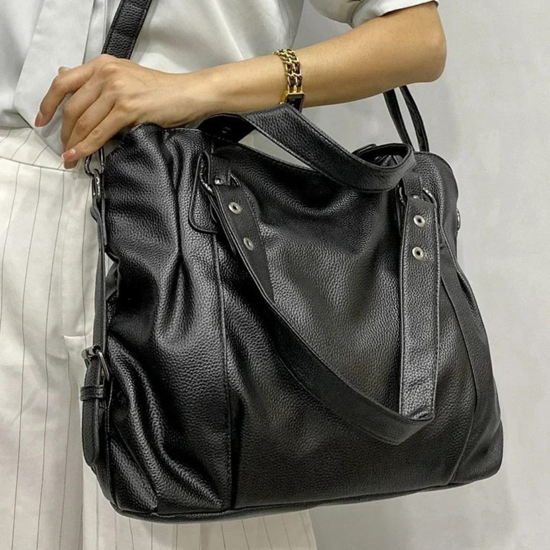 Bolso de hombro espacioso de cuero genuino con cierre de cremallera para mujer