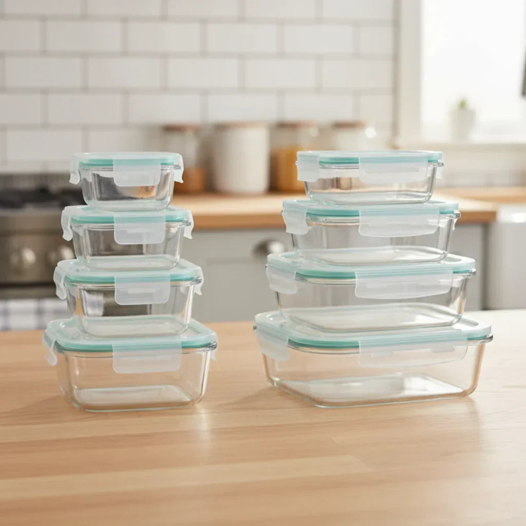 Recipientes apilables de vidrio para preparar y almacenar comidas, resistentes a las fugas y con tapas herméticas