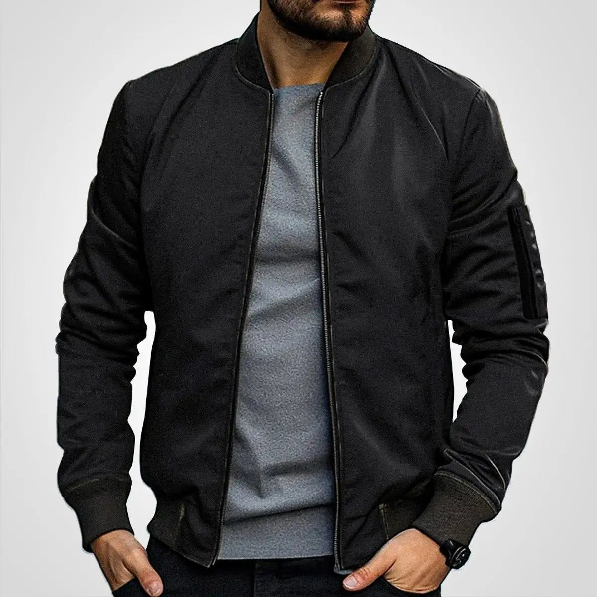 Chaqueta bomber clásica para hombre, con cierre, cuello acanalado y estilo de aviador